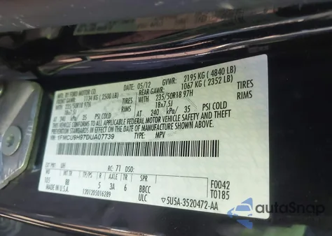 2013 Ford Escape Sel from USA, damaged, VIN 1FMCU9H97DUA07739